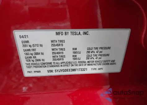 2021 Tesla Model Y Long Range Dual Motor All-Wheel Drive from USA, damaged, VIN 5YJYGDEE3MF173321